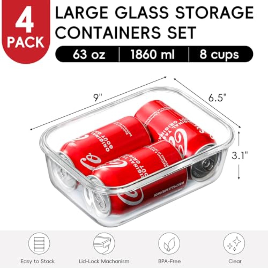 4 Pack 8 Cups/ 63oz Large Glas - Food Storage With Lids のレビューと価格